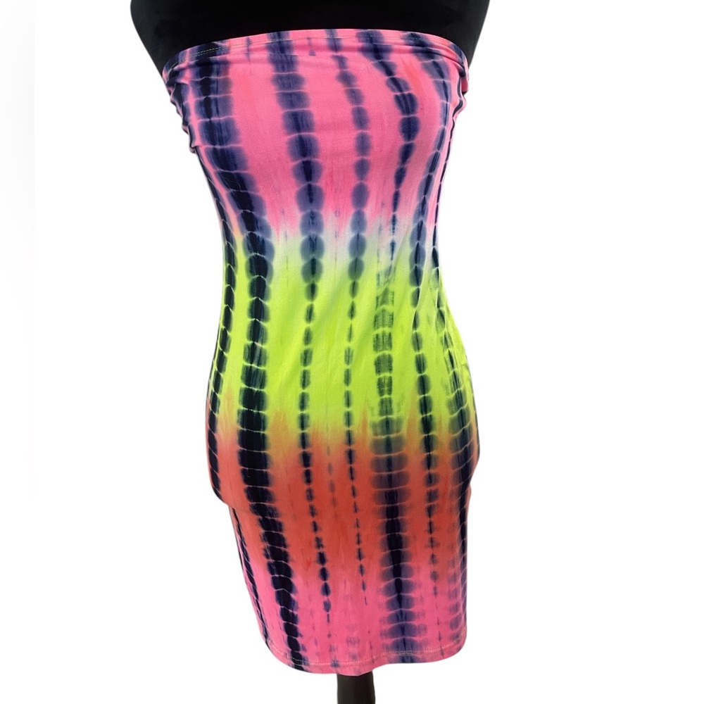 Women's Color Block Tie die Mini Dress, pink neon yellow, black,Medium - Picture 10 of 10
